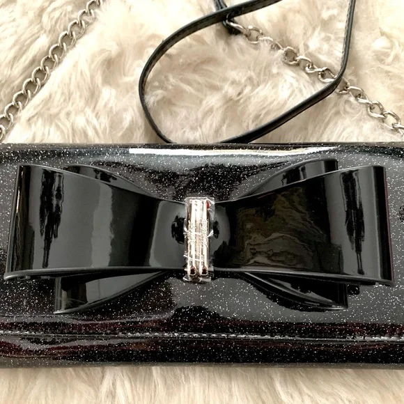 NWT BETSEY JOHNSON BLACK PATENT XOLYLA SHIMMER/GLITTER PURSE CLUTCH WITH BOW - Picture 3 of 12